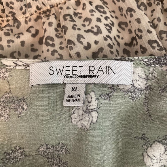 Sweet Rain Shirt Womens Sz XL Green Floral Short Bell Sleeve Tie Waist Peplum - Picture 4 of 9